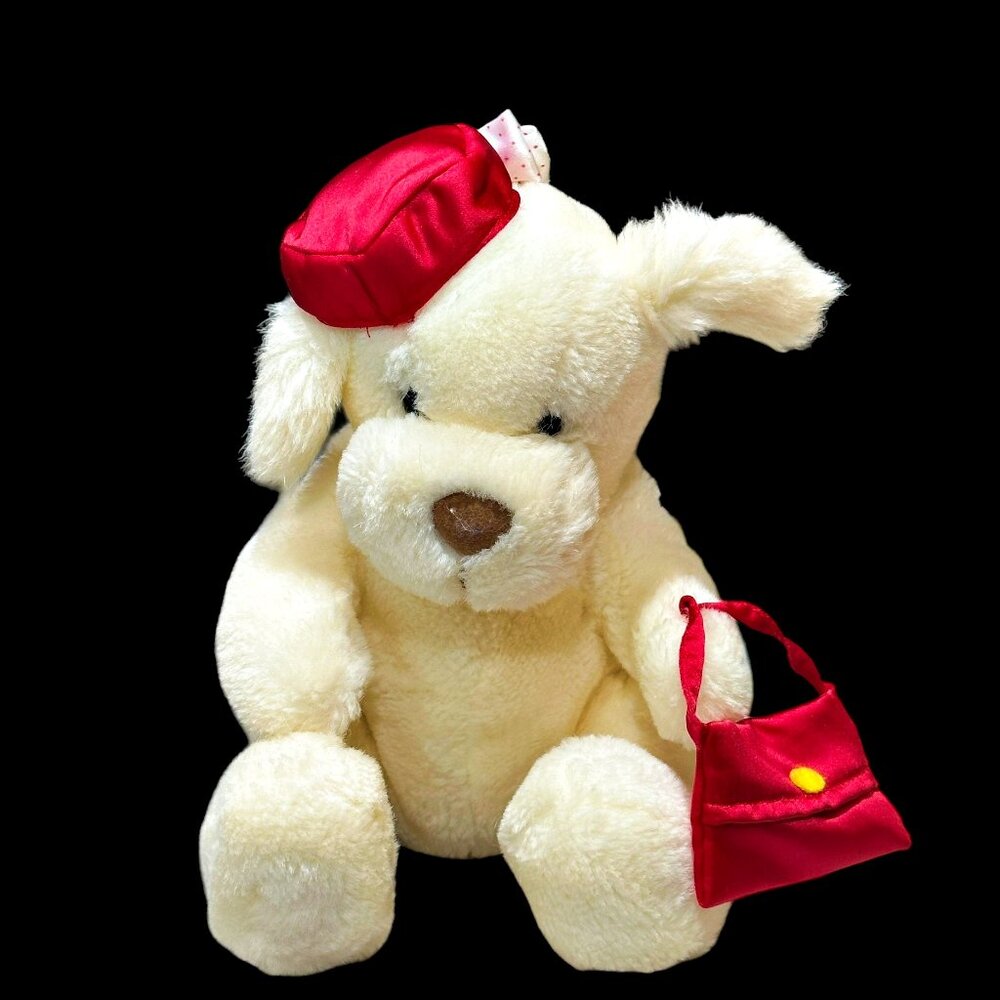 Dakin 1980s White Dog Plush Red Hat and Purse Puppy Stuffed Animal Toy 9 Inch